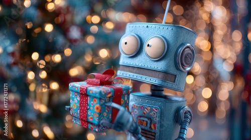 Charming Vintage Robot with Gift Against Beautiful Holiday Background