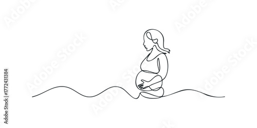 Continuous line drawing of a pregnant woman with her hands on her belly