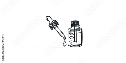 Continuous line drawing of a dropper with liquid and a glass bottle