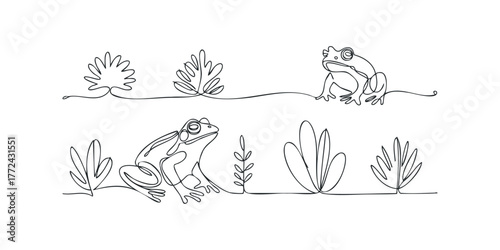 Two frogs with plants continuous line drawing
