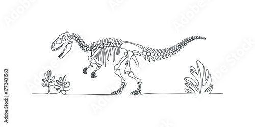 Dinosaur skeleton drawn with single continuous line art style