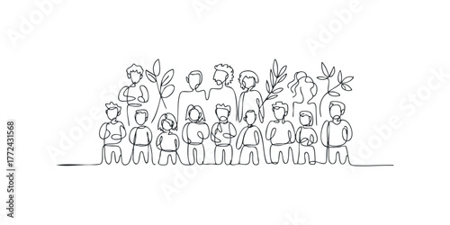 Group of diverse people standing together with stylized plants