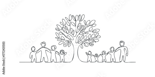 Continuous line drawing of a family gathered around a tree