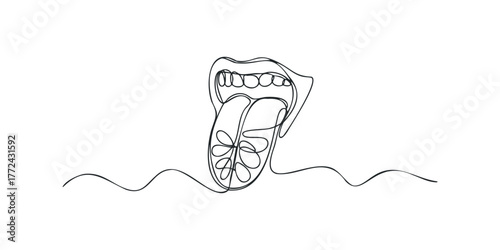 Single line drawing of mouth with tongue out tasting a fruit slice