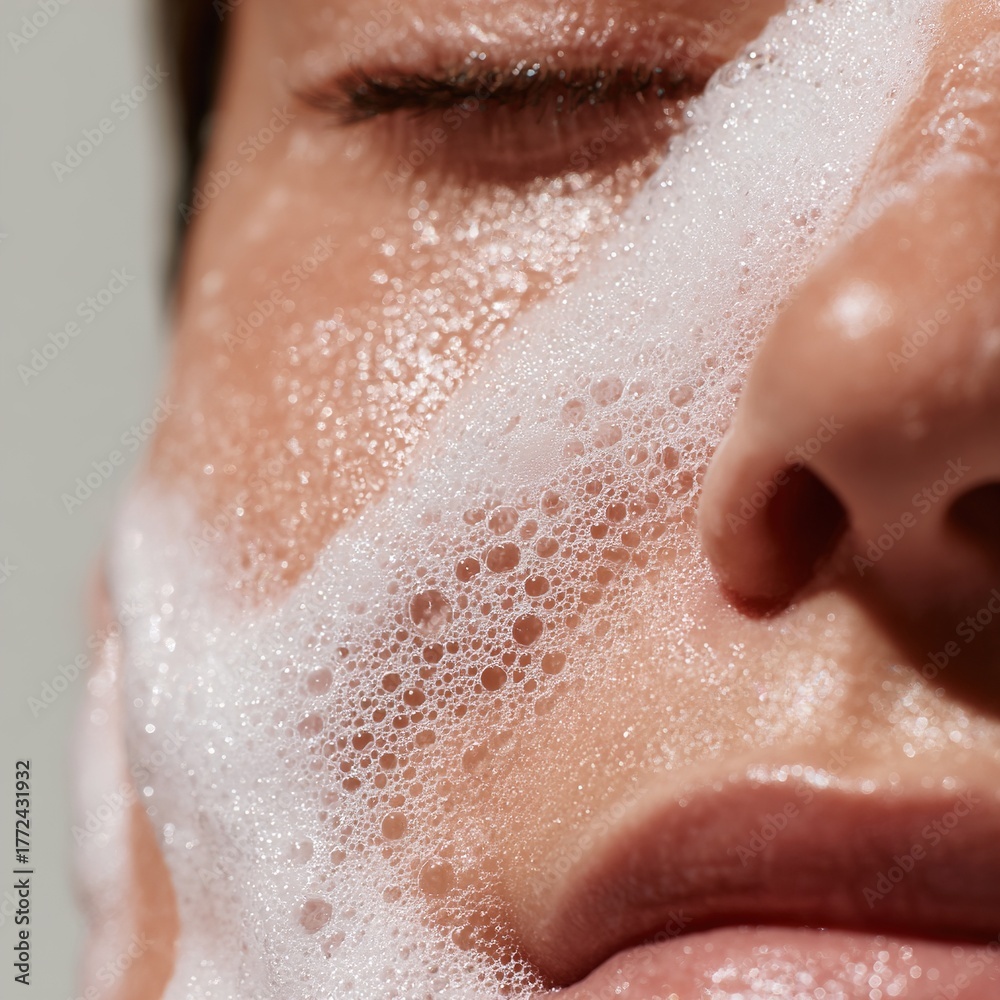 Fototapeta premium Person washing face with foaming cleanser bubbles