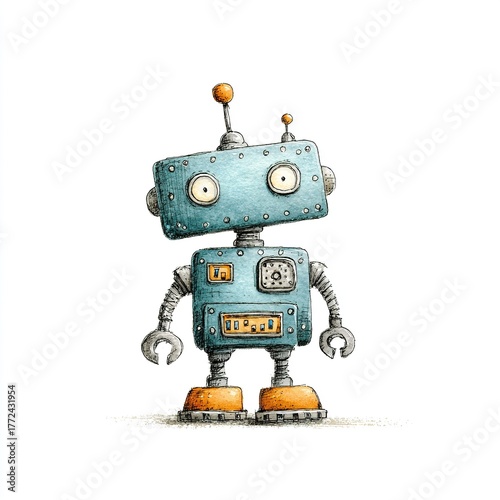 Cute cartoon robot standing looking straight ahead