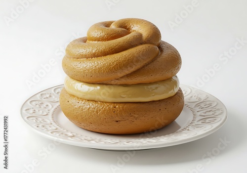 Delicious dessert layered with caramel on a decorative white plate studio shot