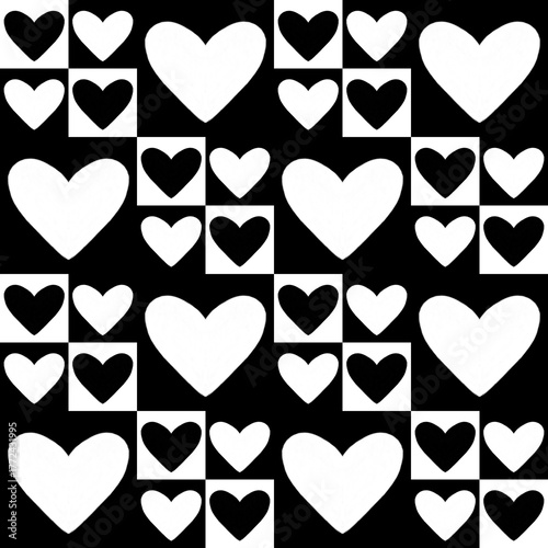Seamless pattern with monochrome black and white hearts, Valentine day illustration.