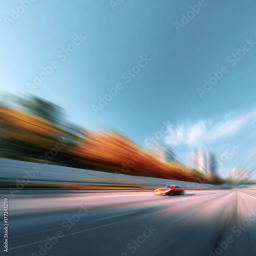 Motion blur captures the speed of a car on a highway. The abstract style conveys excitement and progress. Perfect for transportation, tech, or lifestyle concepts.