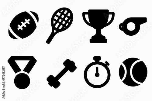Sports icon set featuring equipment and awards in silhouette style