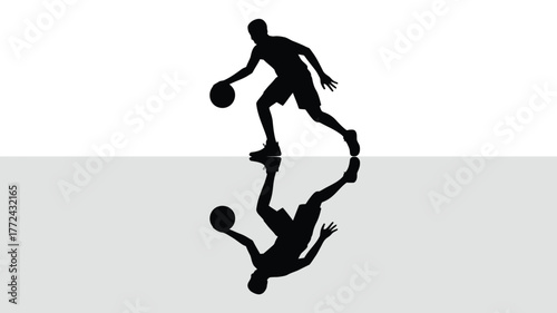Silhouette of a basketball player dribbling with reflection on a white and gray background surface