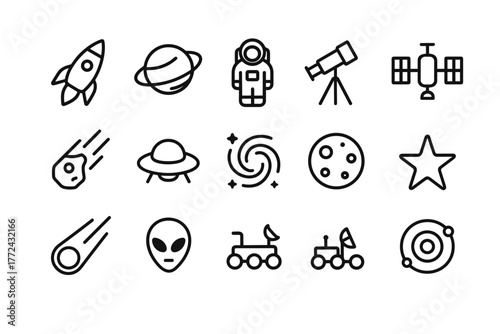Space exploration icons set featuring rockets, astronauts, and celestial bodies in linear style