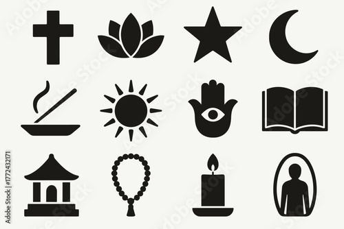 Set of flat spiritual icons cross, lotus, star, crescent, incense, sun, hamsa, book, pagoda, beads, candle, meditation
