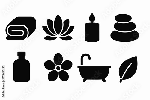 Spa elements icon set minimalist black silhouettes for wellness themes