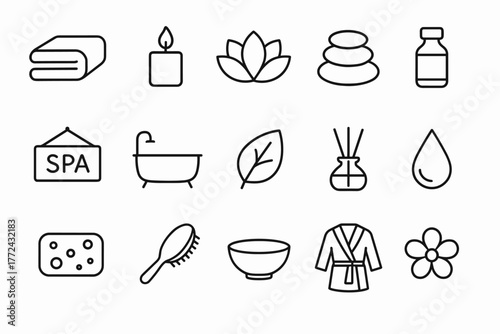Minimalist spa and wellness icon set featuring relaxation elements