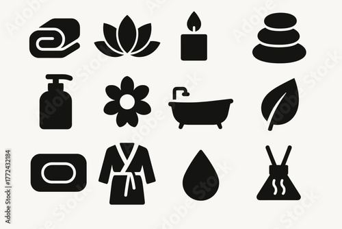 Silhouette spa icons candle, lotus, and bath essentials for relaxation themes