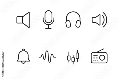 Minimalist audio icons microphone, headphones, speaker, sound, radio