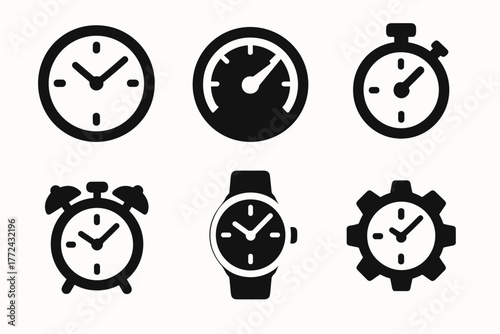 Set of time icon designs featuring clocks, stopwatches, and timers in silhouette style