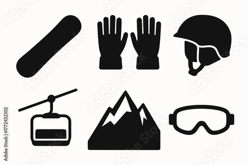 Winter sports gear silhouette set snowboard, goggles, helmet, gloves, mountain, cable car