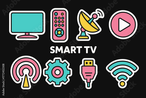 Smart tv icon set with remote, satellite, play button, and more