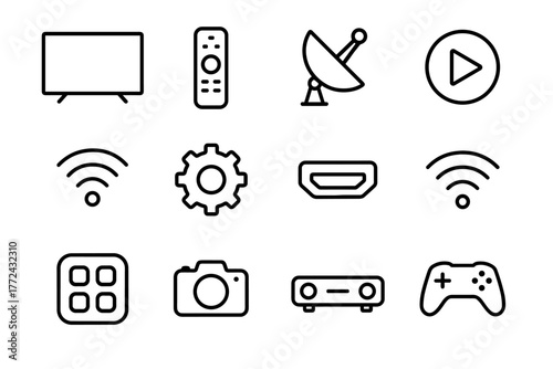 Minimalist black line icons for technology and media