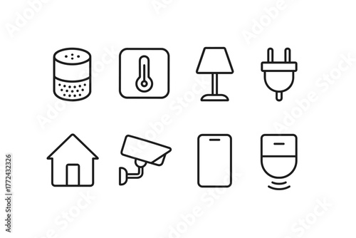 Smart home linear icons thermostat, security, lighting, and automation