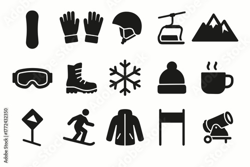 Winter sports icons skiing, snowboarding, and mountain adventure equipment