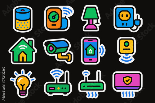 Colorful smart home devices icon set on black background for modern design