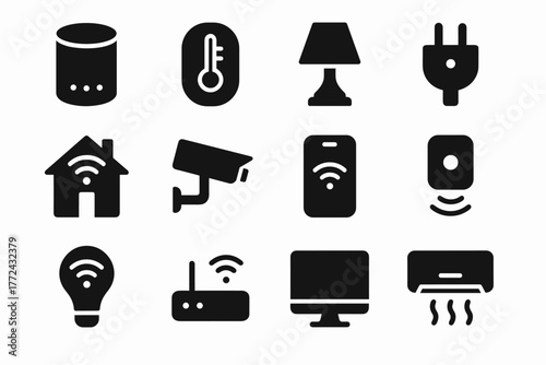 Smart home icons set featuring modern smart devices in simple black silhouette style