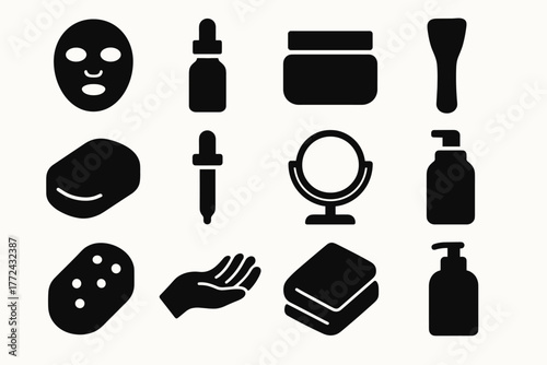 Skincare icons silhouette collection of beauty and cosmetic tools