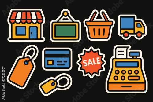 Colorful shopping and commerce icons on black background
