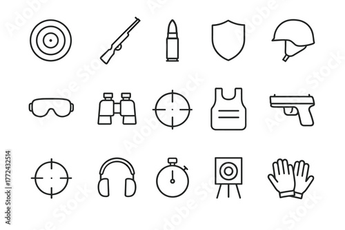 Line art icons of shooting range equipment and accessories for training
