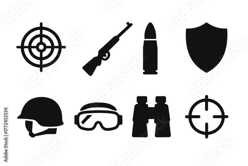Military equipment icons set silhouette helmet, shield, armor, target, ammunition