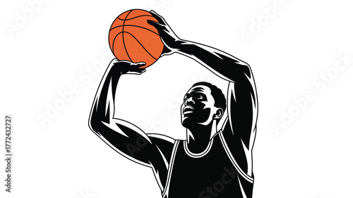 Illustration of a basketball player in a tank top shooting a basketball against white background