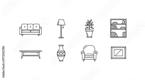 Set of linear furniture icons sofa lamp plant armchair bookshelf table vase fireplace vector