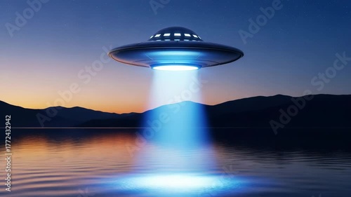 Flying ufo spaceship hovering night sky light beam