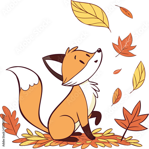 Cute Fox Clipart Vector Sitting on Autumn Leaves  Animal Illustration