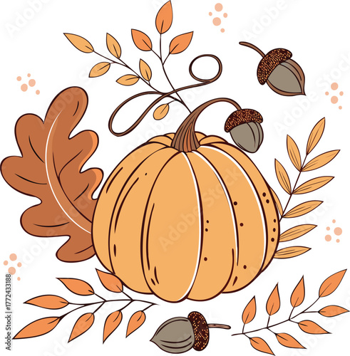 Autumn Pumpkin Clipart Vector with Leaves and Acorns on White Background