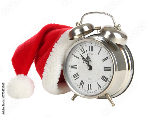 Retro alarm clock wearing a santa hat, isolated on transparent background