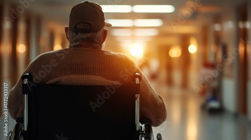 Elderly man finding hope in hospital corridor