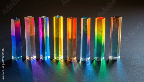 Upright Acrylic Prisms Displaying Refractive Bands Of Color On Black Surface Highlighting Light And Spectrum