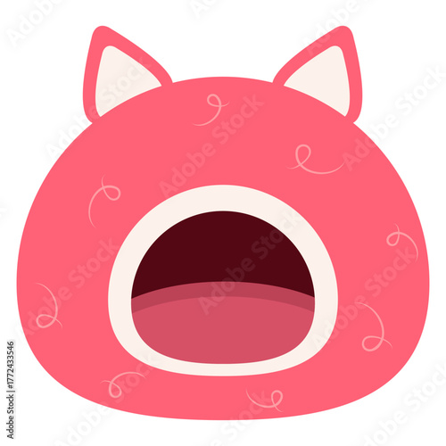 Soft, pink pig-shaped house with ears for dogs and cats. Vector, isolated, enclosed pet bed. Textile home den with pillow for sleeping and relaxing.
