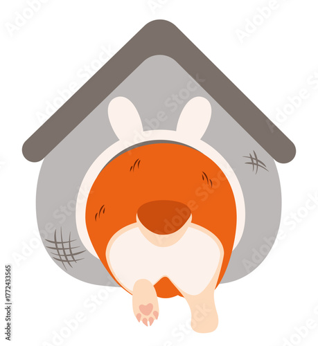 Red dog climbs into cozy, soft home, viewed from behind. Vector, isolated illustration of pet in flat style. Small tail and white fluffy paws. A minimalist symbol of caring for puppy at home.