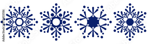 Set of beautiful isolated blue snowflakes. Vector symbol of frosty winter precipitation. Snowfall icon set. Christmas holiday design with copy space.