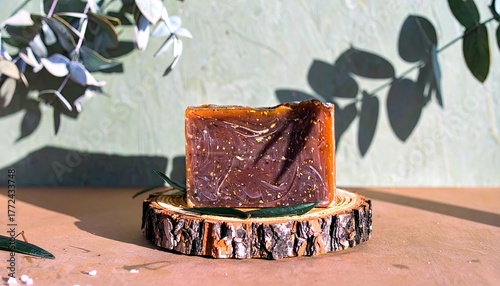 Brown Solid Shampoo Bar on Wooden Dish with Leaf Shadows