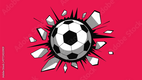 A soccer ball shattering a red background with shards of white and gray flying outward from impact
