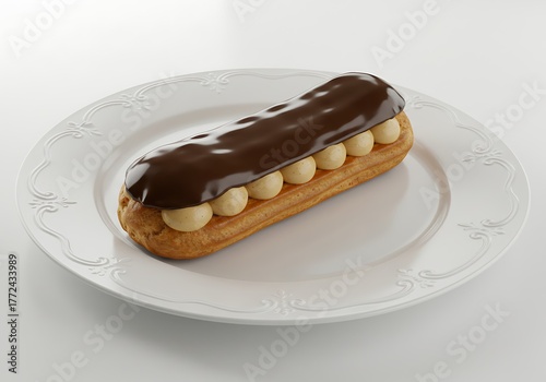 Delicious eclair on white plate isolated close up for culinary design