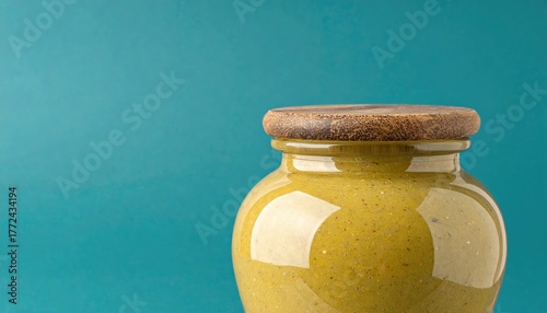 Yellow Ceramic Jar with Wooden Lid on Teal Background