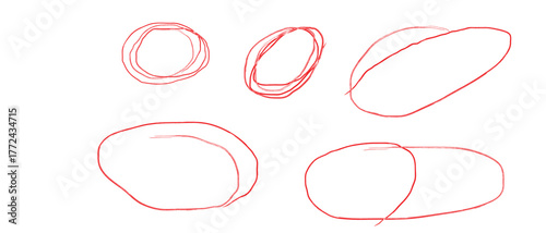 hand-drawn red elliptical shapes in rough sketch style arranged in two rows on white background, abstract organic forms for design, texture, pattern, or artistic experimentation and visual study