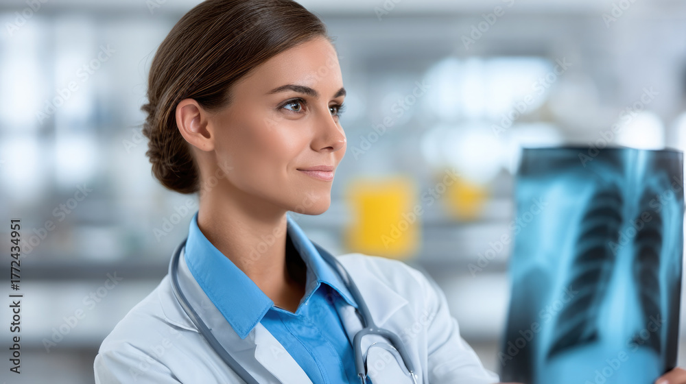 Fototapeta premium Female doctor examining chest x ray in hospital, confident expression, professional medical uniform, modern healthcare setting